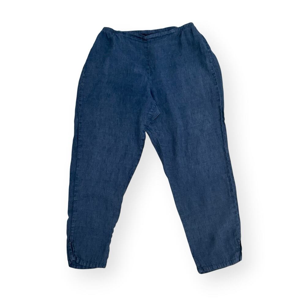FLAX 100% Linen Pants S Navy Blue Elastic Waist Relaxed Fit Lagenlook Boho Beach